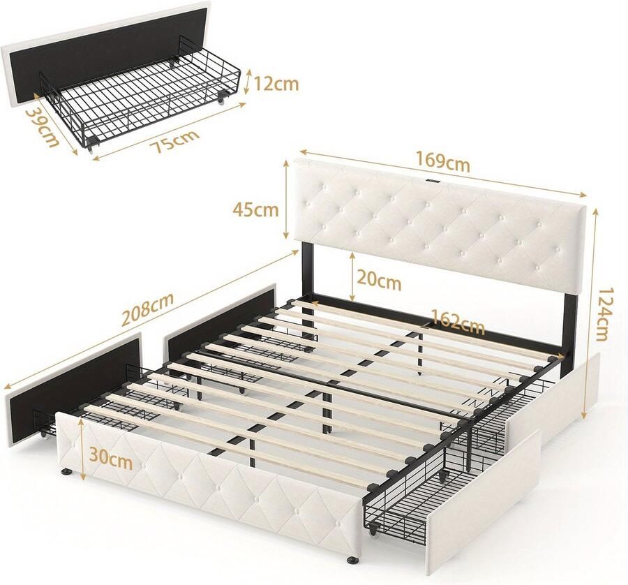 Corenia Bedframe – Bed – Tweepersoonsbed – Platformbed – Opbergbed – Met 4 Opbergladen – Gestoffeerd Hoofdbord – 160x200 cm – Beige Fluweel
