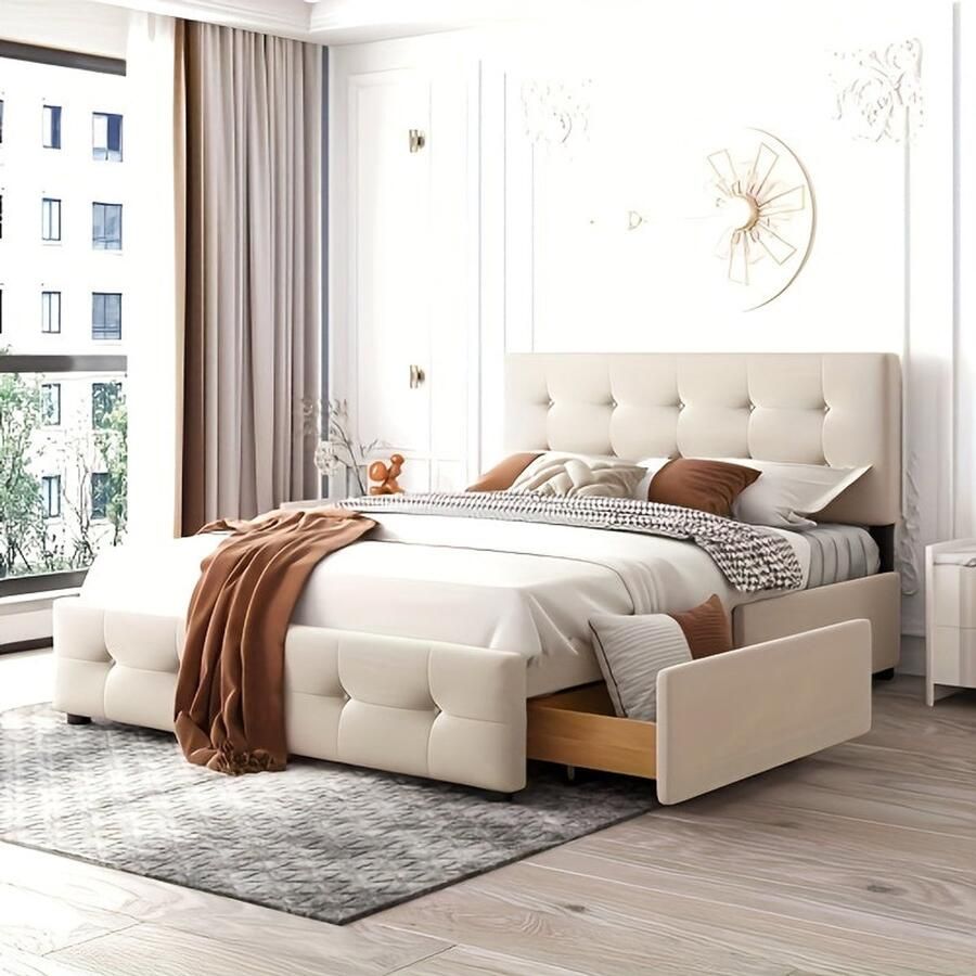 Corenia Bedframe – Eenpersoonsbed – Tweepersoonsbed – Platformbed – Slaapbank – Modern – Beige – Bamboe – Eéndelig Ontwerp – Direct Klaar Voor Gebruik