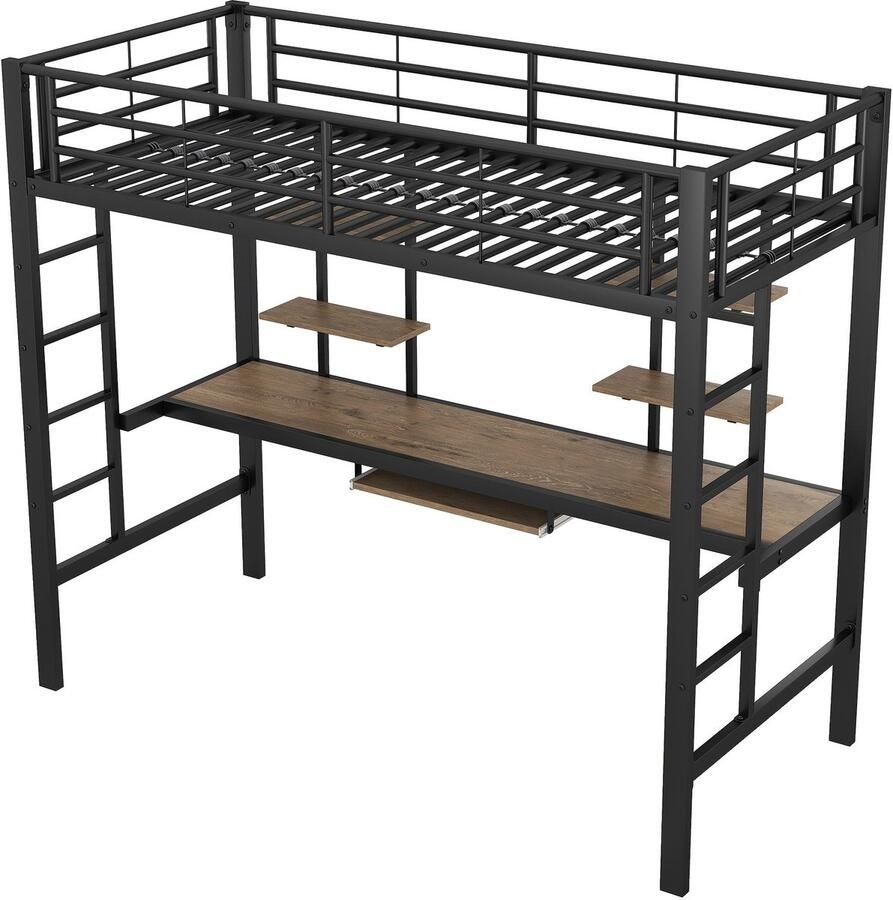 Corenia Bedframe – Metalen Bed – IJzeren Bed – Hoogslaper – Eenpersoonsbed – Inclusief Bureau En Boekenplanken – Robuust Stalen Frame – Afmeting 90x200 cm – Zwart