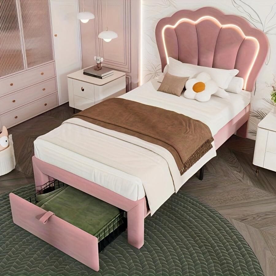 Corenia Bedframe Roze – Gestoffeerd Bed – Eenpersoonsbed – Slaapbank – Kinderbed – Pastelroze Kleur – Eenvoudige Montage – Duurzaam Bamboemateriaal