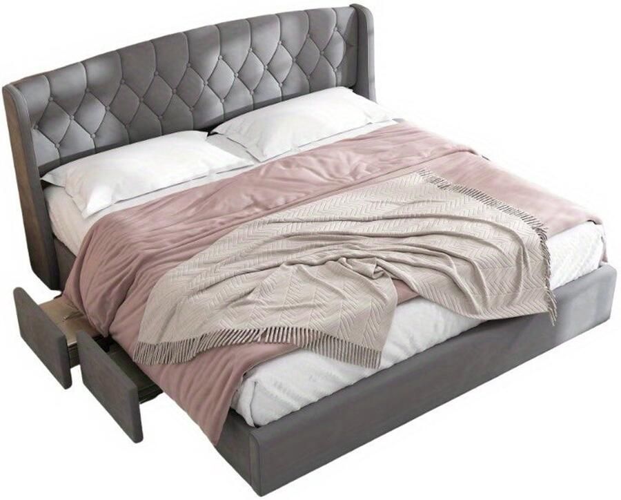Corenia Bedframe – Stoffen Bed – Tweepersoonsbed – Opbergbed – Slaapbank – 180x200 cm – Met 4 Opberglades – Stevige Draadbodem