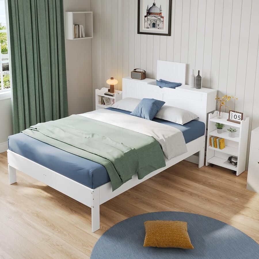 Corenia Bedframe – Tweepersoonsbed – Slaapbank – Kinderbed – Meubel – Wit – Bamboe Materiaal – Hoofdeinde Met Opbergruimte
