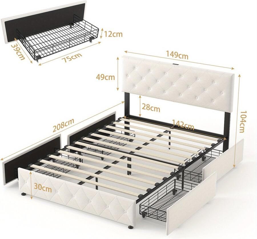Corenia Bedkast – Bedframe – Nachtkastje – Opbergkast – Slaapkamerkast – 140x200 cm – Fluwelen Getuft Hoofdbord – 4 Opberglades