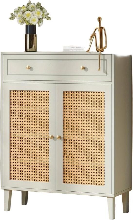 Corenia Berghkast – Opbergkast – Vitrinekast – Dressoir – Wandkast – Verstelbare Planken – Lade – Mintgroen Met Hout & Rotan – Modern Design