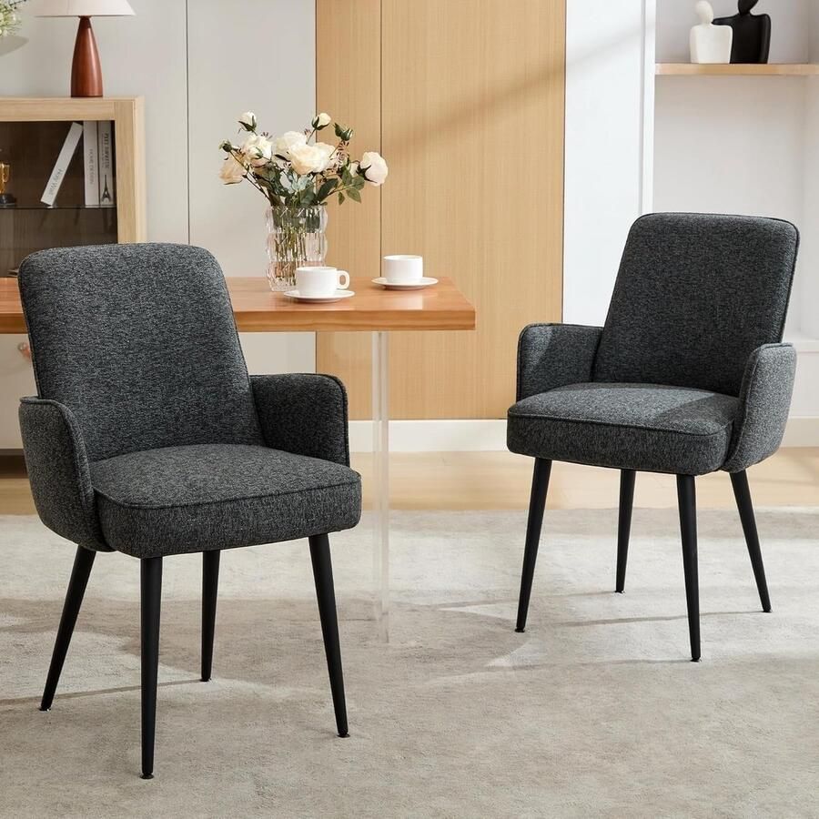 Corenia Bezoekersstoel – Vergaderstoel – Eetkamerstoel – Bureaustoel – Stoel met Armleuningen – Zachte Schuimzitkussen – Stevig Metalen Frame – Anti-slip Voeten – Set Van 2 – Zwart