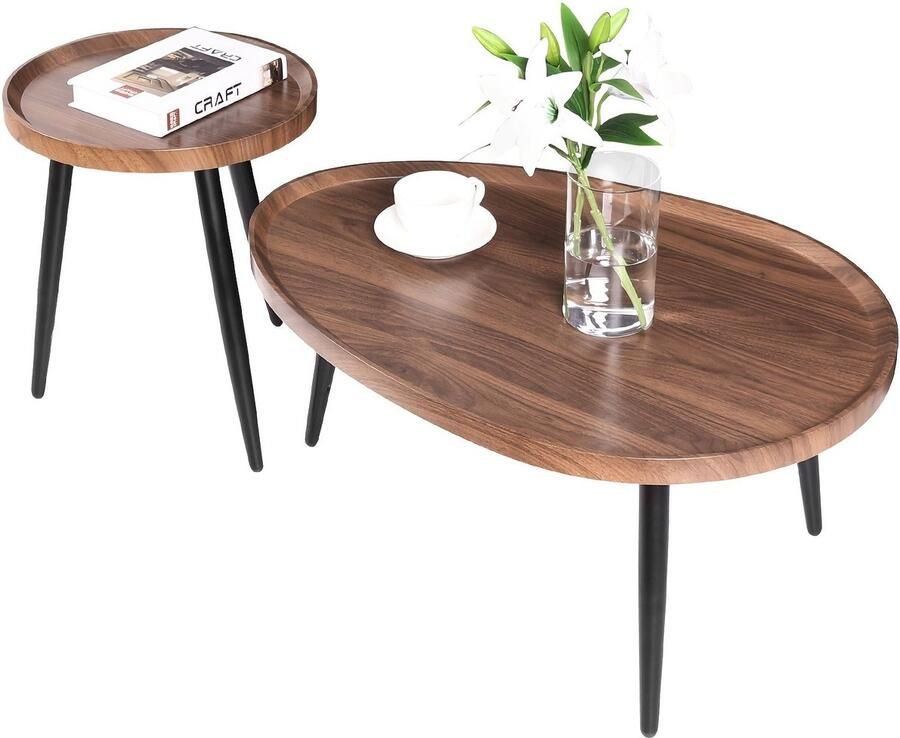 Corenia Bijzettafel – Salontafel – Side Table – Nachtkastje – Banktafel – Set van 2 – Industrieel Design – Walnootkleurig Tafelblad Met Zwart Metalen Onderstel