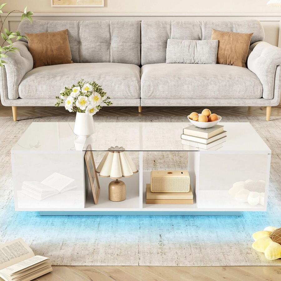 Corenia Bijzettafel – Salontafel – Tafeltje Woonkamertafel – LED-Verlichting – Hoogglans Glazen Plateau – Ruime Zijopberging Wit