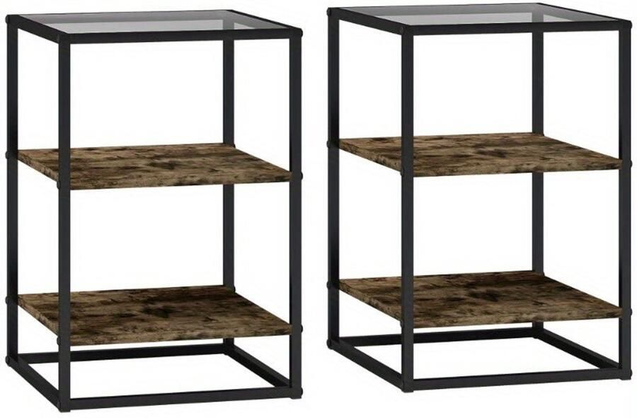 Corenia Bijzettafel – Sidetable – Nachtkastje – Salontafel – Banktafel – Rustiek Bruin – Glasblad – 3 Niveaus Opbergruimte – 37x40x55 5 cm