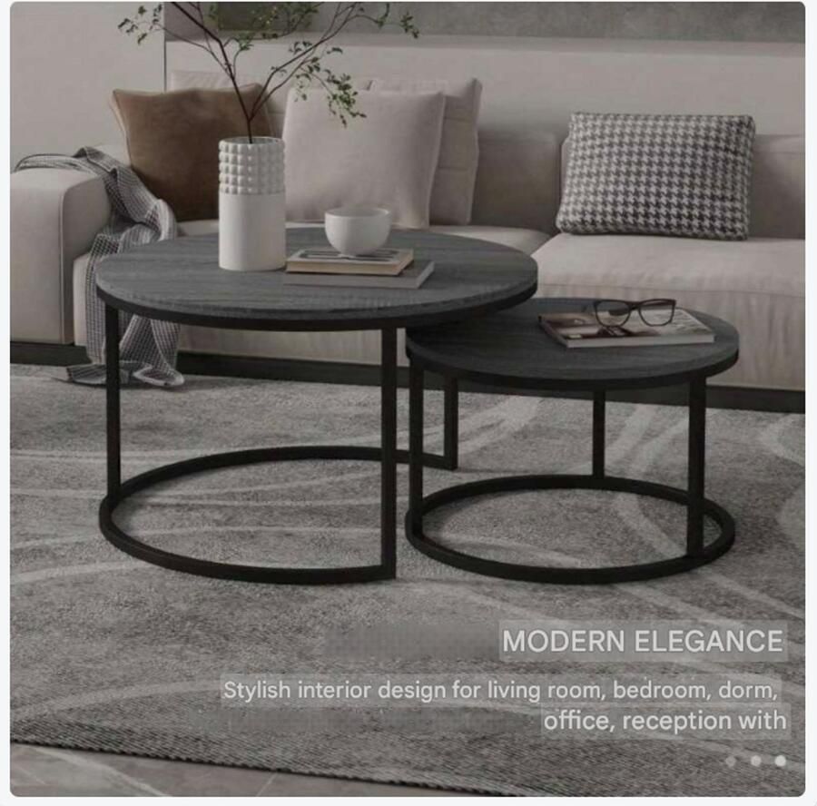 Corenia Bijzettafel – Sidetable – Nachtkastje – Salontafel – Bijzettafeltje – Set Van 2 – Rond – Stapelbaar – Metaal – Lichtgewicht – Ruimtebesparend – Grijs