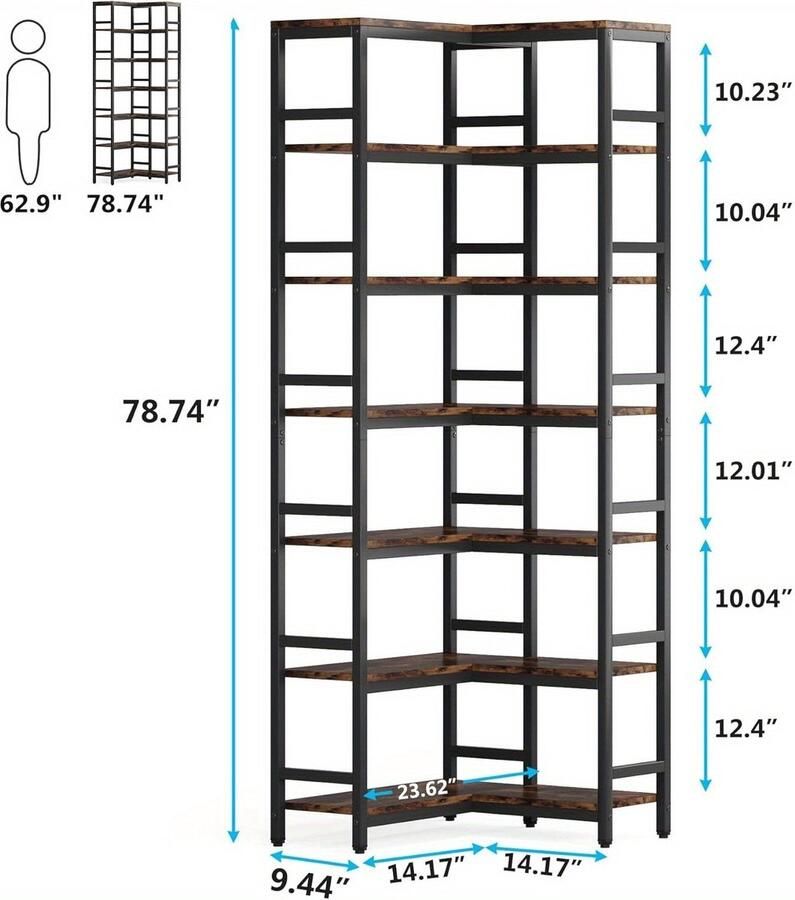Corenia Boekenkast – Boekenrek – Opbergkast – Vakkenkast – Hoekboekenkast – 7 Lagen – Hout Metaal – Vrijstaand – Industrieel Bruin