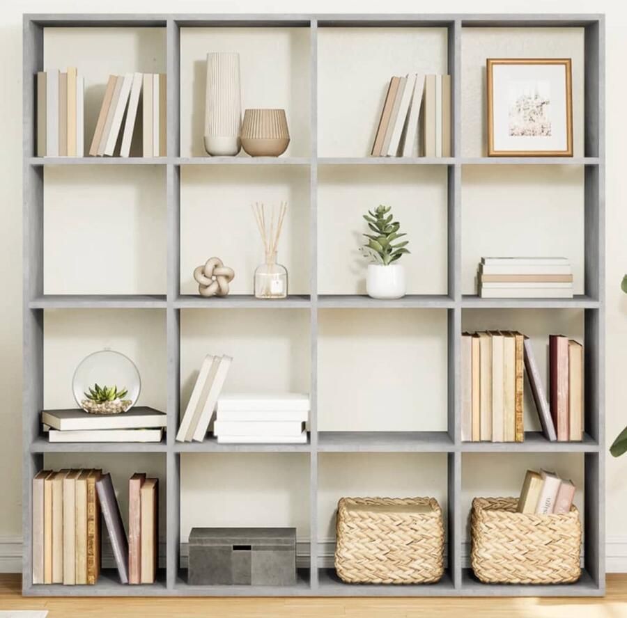 Corenia Boekenkast – Boekenrek – Opbergkast – Vakkenkast – Roomdivider – Betongrijs – 16 Open Vakken – Hoogwaardig Hout