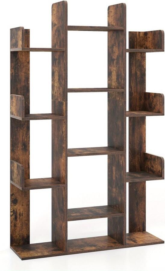 Corenia Boekenkast – Boekenrek – Opbergkast – Vakkenkast – Stellingkast – Boomvormig Design – 13 Open Vakken – Rustiek Bruin Hout – Stabiel & Duurzaam – Anti-Omvalbeugels – 86x24 5x141 cm