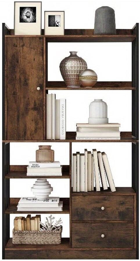 Corenia Boekenkast – Boekenrek – Opbergkast – Vakkenkast – Stellingkast – Industrieel Design – 6 Planken Met Deuren En Lades – Stalen Antiek Bruine Afwerking – Vloer Tot Plafond Hoogte