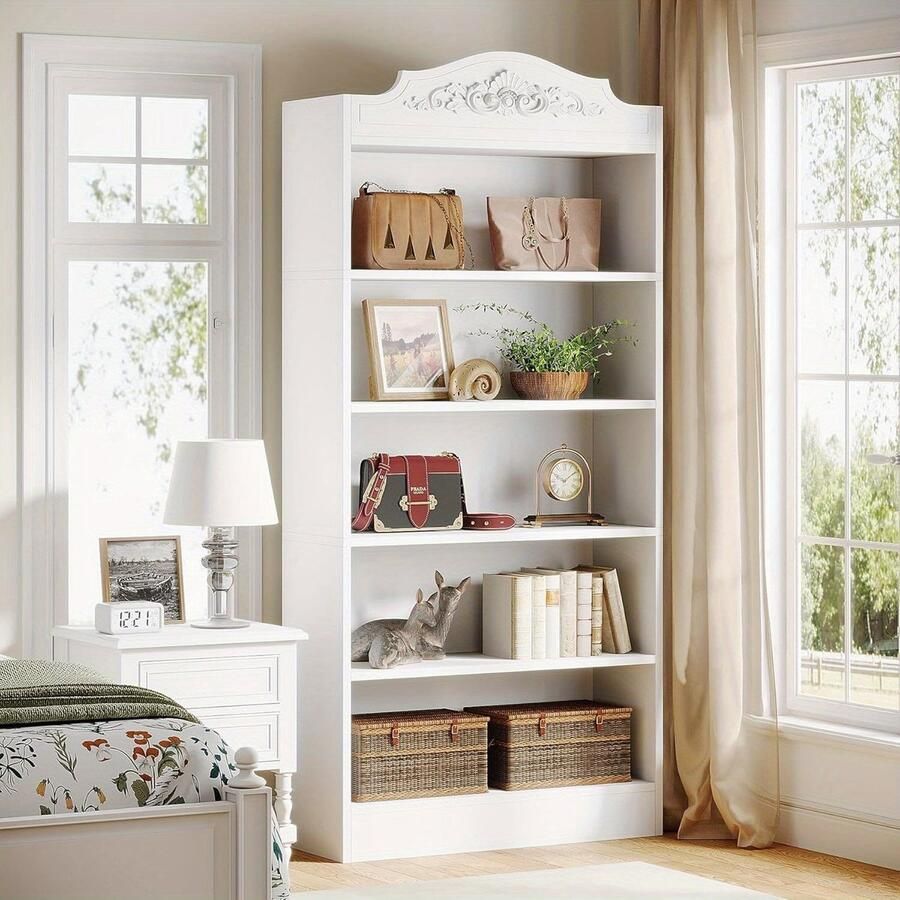 Corenia Boekenkast – Boekenrek – Vakkenkast – Opbergkast – Wandkast – Vrijstaand Design – 185 cm Hoog – 5 Ruime Planken – Wit Hout