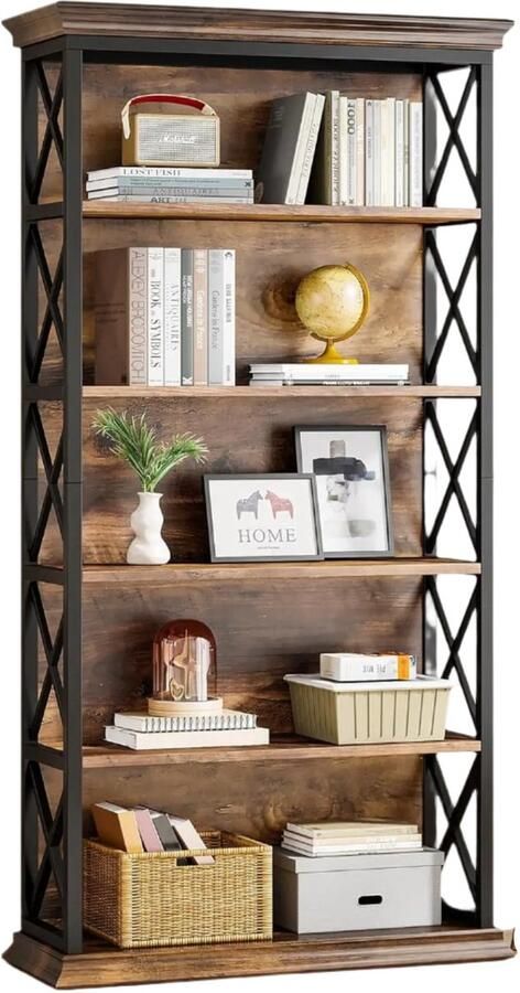 Corenia Boekenkast – Boekrek – Wandkast – Opbergkast – Industrieel Design – Stalen Frame – Waterbestendige MDF Planken 80 x 30 x 180 cm Bruin