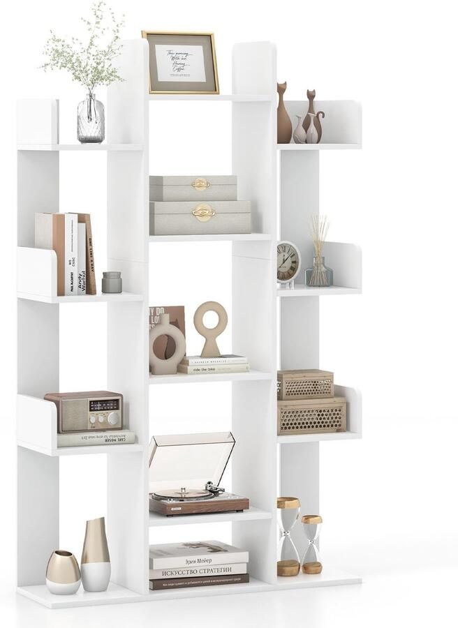 Corenia Boekenplank – Boekenkast – Wandplank – Boekenrek – Wandrek – Boomvormig Design – 13 Open Vakken – Wit Hout – Inclusief Anti-Kantel Beugels – 86x24x141 cm