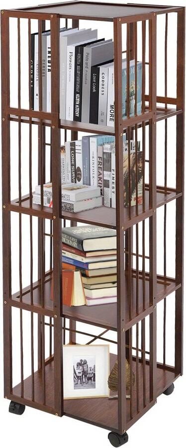 Corenia Boekenplank – Wandplank – Boekenrek – Wandrek – Opbergplank – 5 Lagen – Donker Bamboe Met Wieltjes – 360° Draaibaar & Vrijstaand