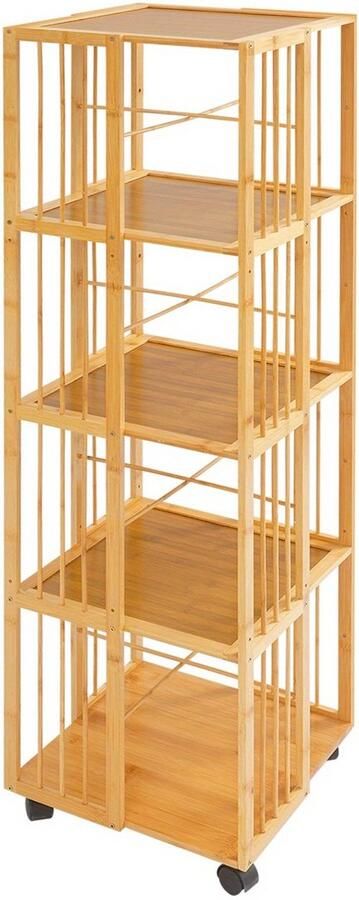Corenia Boekenrek – Boekenkast – Boekenplank – Opbergkast – Vakkenkast – 5 Lagen – Bamboe – Mobiel met Remmen – 132x37x37 cm – Max. 100 kg – Natuurlijk Hout