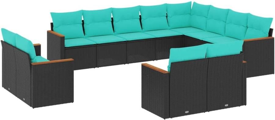Corenia Buitenbank – Tuinbank – Zitbank – Tuinmeubel – Loungebank – Weerbestendig Polyrattan – Inclusief Tafel Met Acaciahouten Blad Zwart