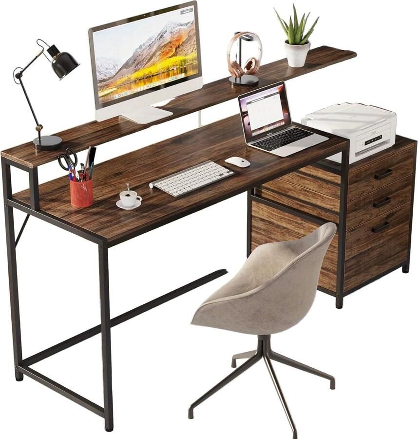 Corenia Bureau – Bureautafel – Computertafel – Werkplekmeubel – Thuiswerkplek – Ergonomisch Met Verhoogde Monitorstandaard – Vintage Industrieel Hout Met Opbergruimte