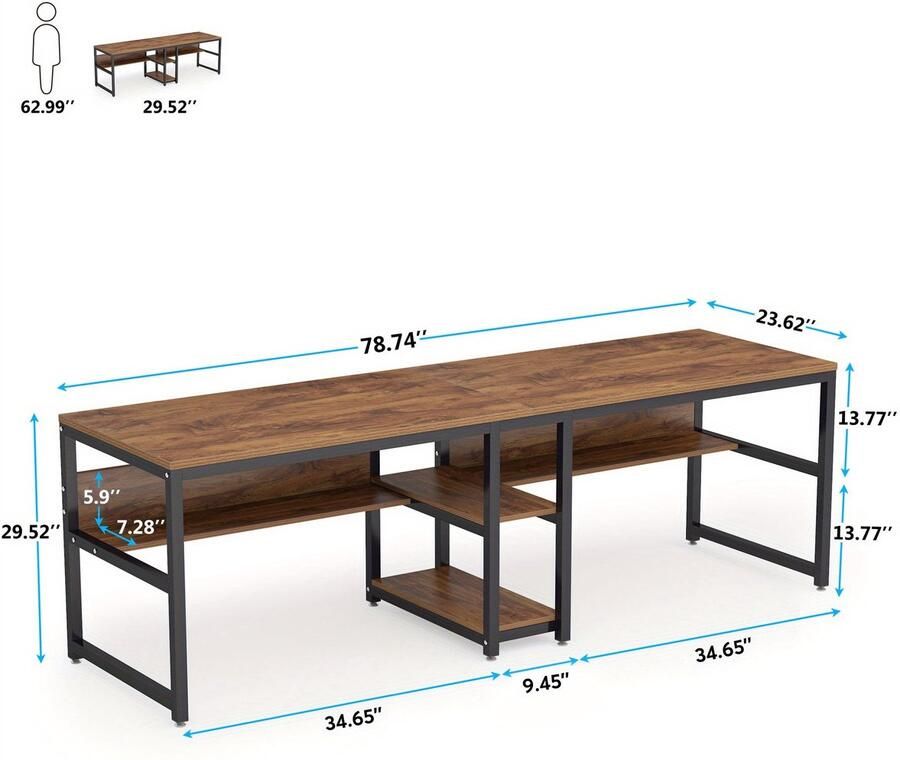 Corenia Bureau – Bureautafel – Computertafel – Werktafel – Dubbel bureau – Industrieel design – Ruim 200 cm lang – Met opbergruimte en verstelbare poten