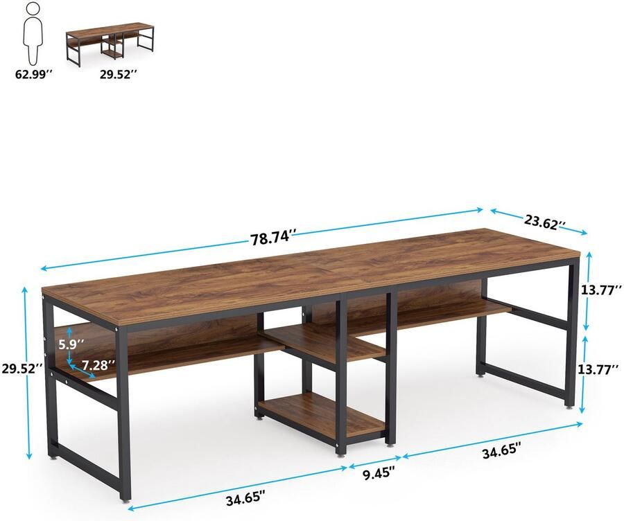 Corenia Bureau – Bureautafel – Werkplek – Computertafel – Dubbel Bureau – Ruime Werkplek 200x60 cm – Met Verborgen Boekenplank – Stevig Metalen Frame – Krasbestendig Blad – Bruin