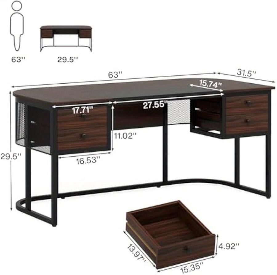 Corenia Bureau – Computertafel – Werkplek – Kantoormeubel – Schrijftafel – 160 cm Breed – 4 Laden – Donker Walnoot & Zwarte Accenten