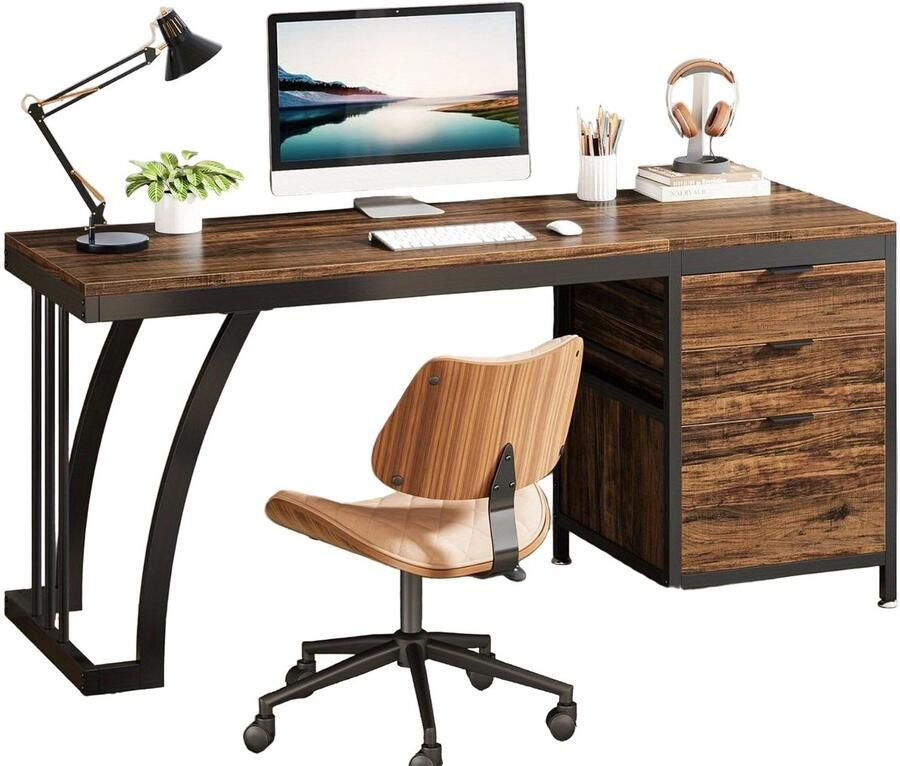 Corenia Bureau – Computertafel – Werktafel – Schrijftafel – Bureau met Lade – Industrieel Design – 150 cm Breed – Met Omkeerbare Laden en Mappenlade