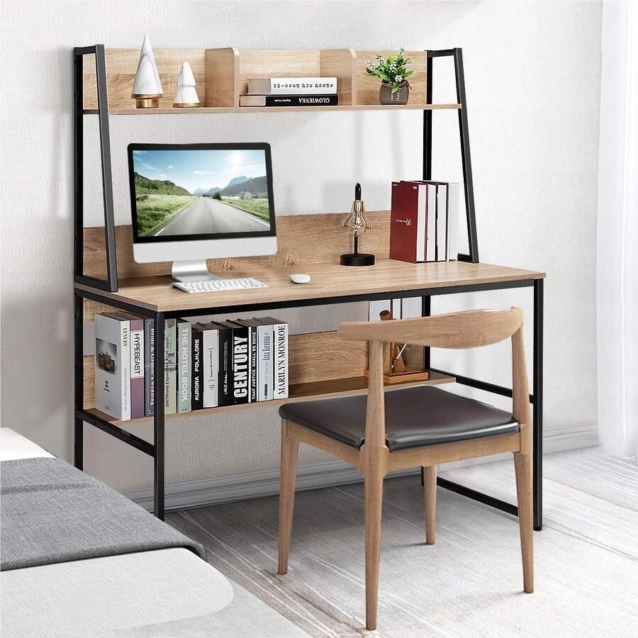 Corenia Bureau – Computertafel – Werktafel – Schrijftafel – Tafel – Houten Bureau Met Planken – Stevig Metalen Frame – Verstelbare Voetjes – 120x57 cm – Natuurlijke Houtkleur