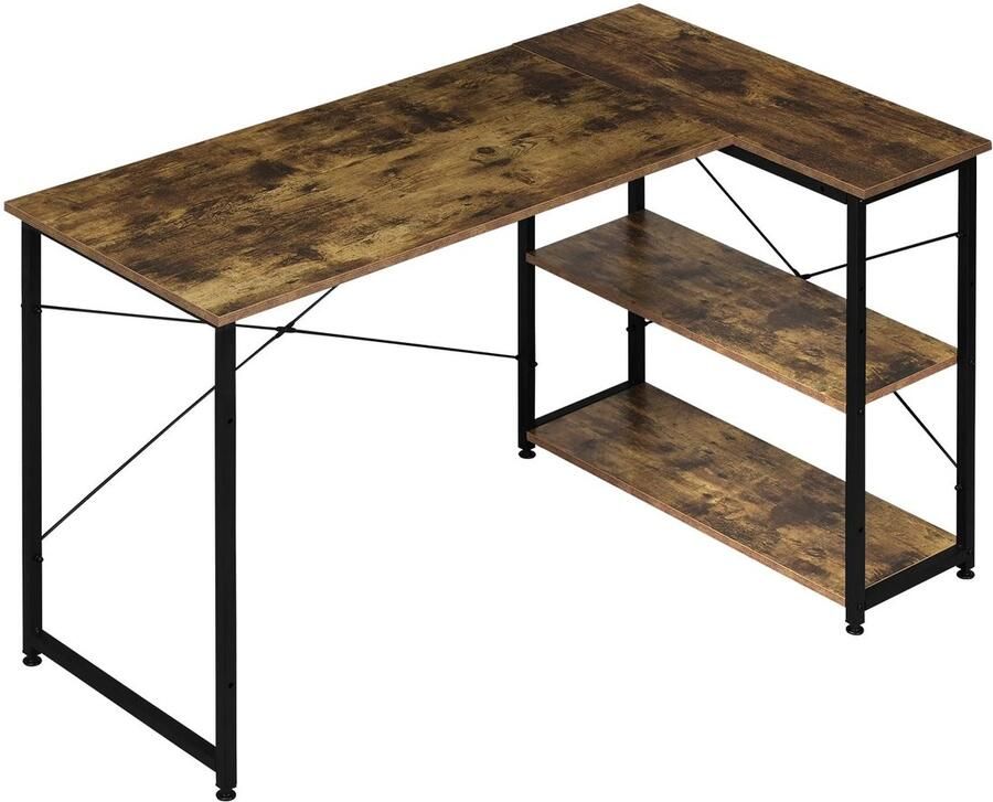 Corenia Bureau Gaming Bureau Hoekbureau Game Bureau L-Vormig Bureau 120x72.5x72cm Hoektafel met Omkeerbare Planken en Opbergruimte voor Woonkamer Slaapkamer Studie Vintage Bruin