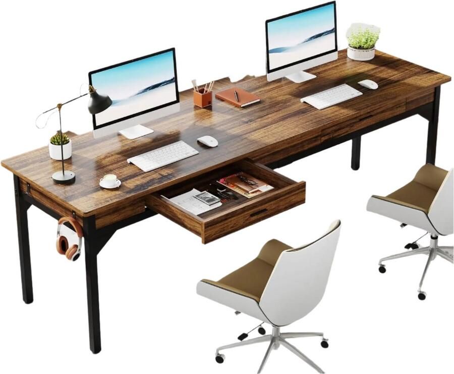 Corenia Bureau – Werkplek – Thuiswerkplek – Twee Personen – Extra Breed – Met Laden – Verstelbare Pootbeschermers 200 x 60 x 82 cm Bruin
