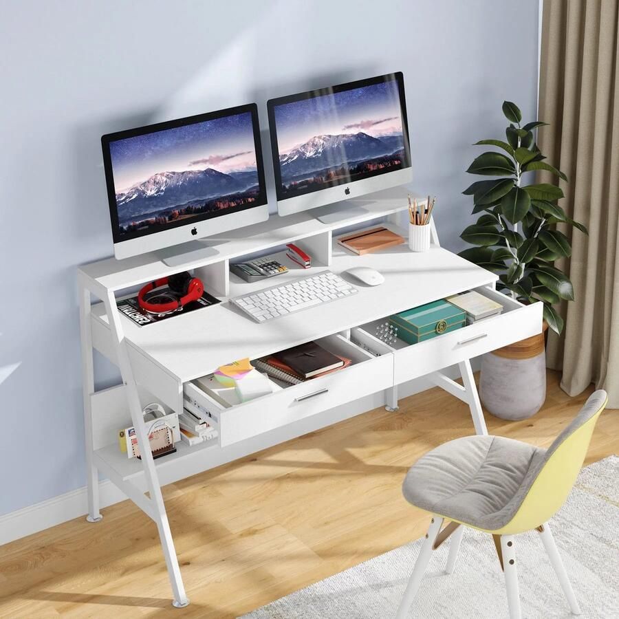 Corenia Bureau – Werktafel – Computerbureau – Schrijftafel – Compact Ontwerp – Metalen Frame – Ergonomische Monitorverhoger