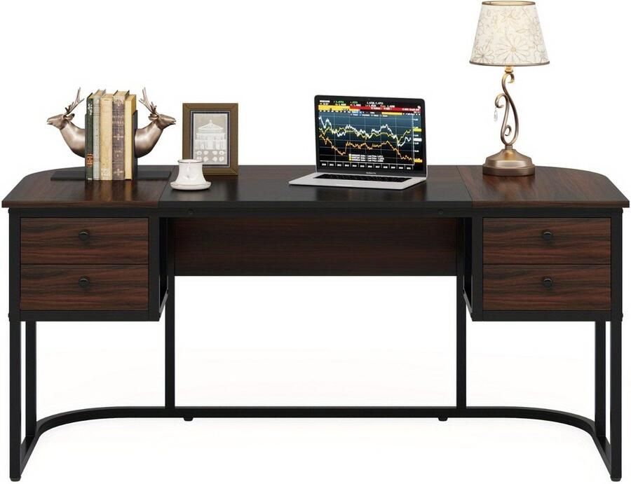 Corenia Bureau – Werktafel – Computertafel – Bureaublad – Bureaus – 160x80 cm – 4 Ruime Lades – Duurzaam MDF Metalen Frame – Donker Walnoot