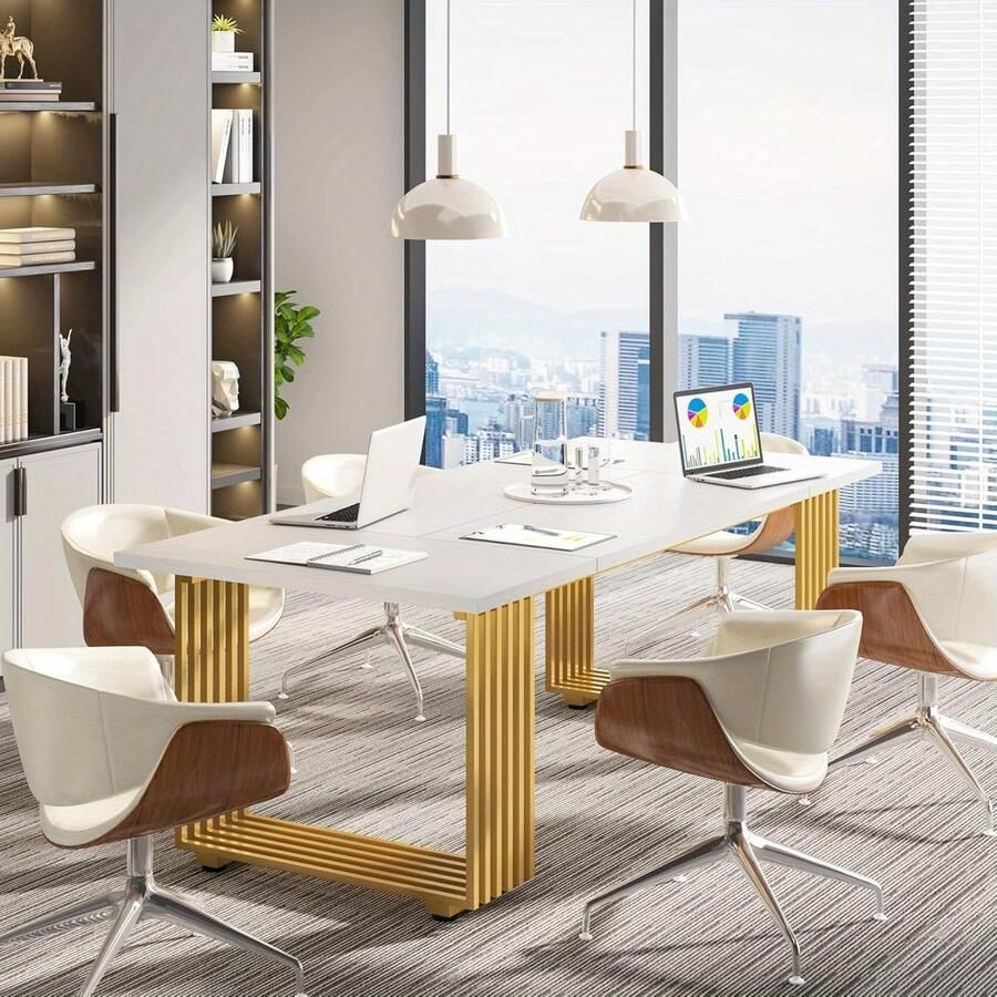 Corenia Bureau – Werktafel – Schrijftafel – Computertafel – Kantoortafel – 180 cm – Wit met gouden frame – Hittebestendig MDF blad – Verstelbare pootjes