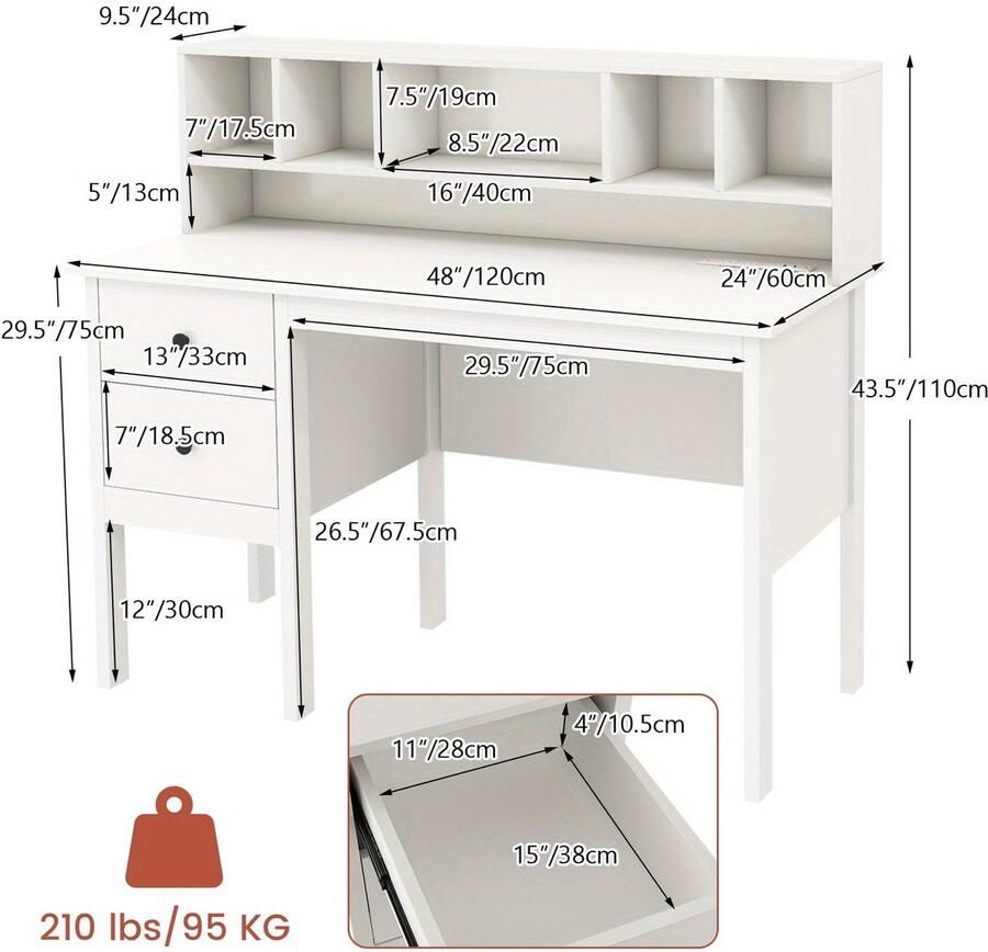 Corenia Bureau – Werktafel – Schrijftafel – Werkplek – Thuiswerkplek – MDF en Hout – 120 cm Breed Werkblad – 2 Lades en Opbergrek Wit