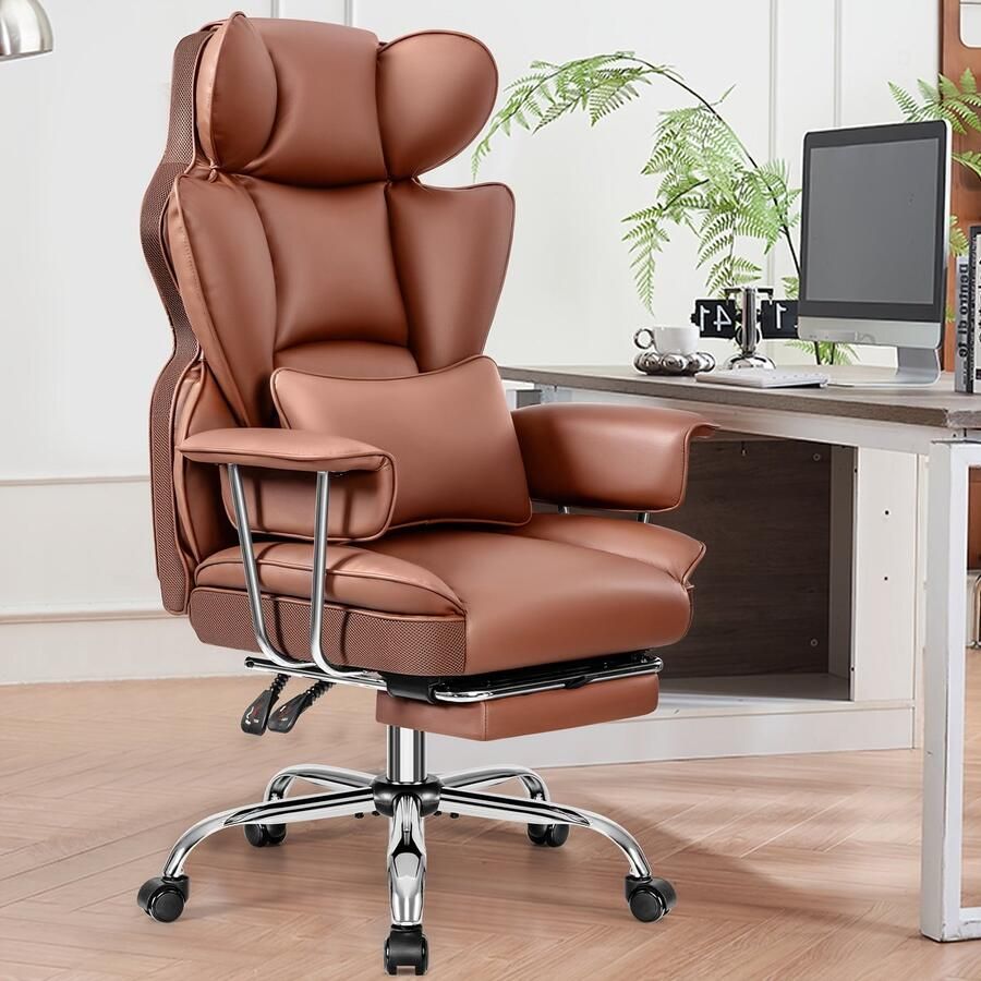 Corenia Bureaustoel – Ergonomische Stoel – Draaistoel – Office Chair – Executive Chair – Wit Kunstleder – 360° Draaibaar & Uitschuifbare Voetensteun