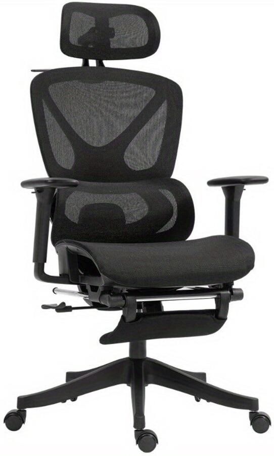 Corenia Bureaustoel – Ergonomische Stoel – Office Chair – Draaistoel – Kantoorstoel – Verstelbare Mesh Rugleuning – 3D Armleuningen & Lendensteun – Ademend Zwart – Kantelfunctie Voetensteun & Jashanger