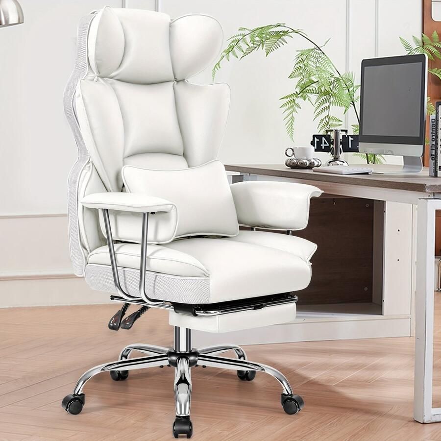 Corenia Bureaustoel – Ergonomische Stoel – Office Chair – Gamestoel – Draaistoel – Hoge Rugleuning – Lendensteun – Met Voetensteun – Wit Kunstleer – 360° Draaibaar – Metaal Frame