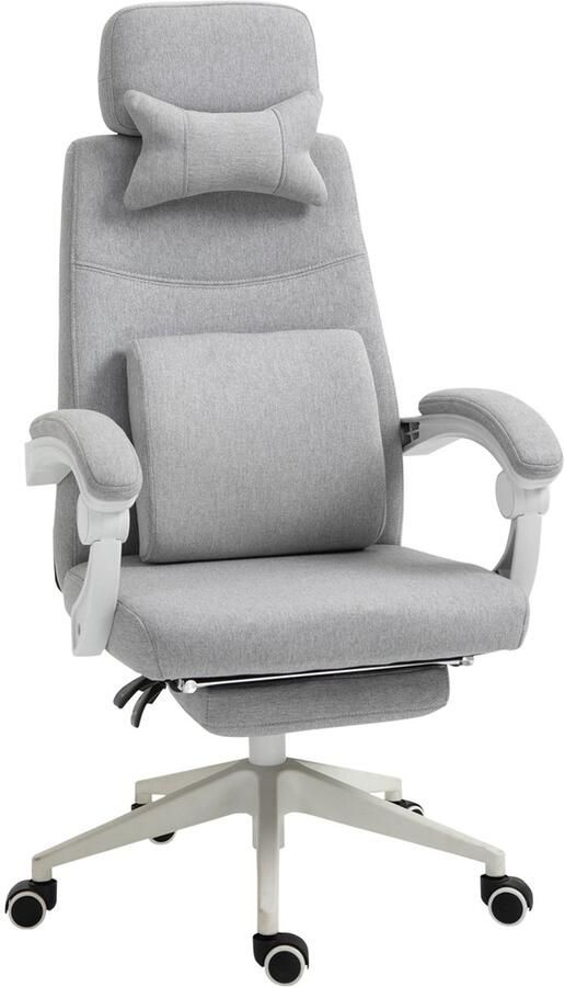 Corenia Bureaustoel – Kantoorstoel – Draaistoel – Gamestoel – Office Chair – Verstelbare Rugleuning – Inklapbare Voetensteun – Linnen Bekleding – 360° Wieltjes – Ergonomisch Design – Verstelbare Zithoogte – Grijs – 62x68x127 cm