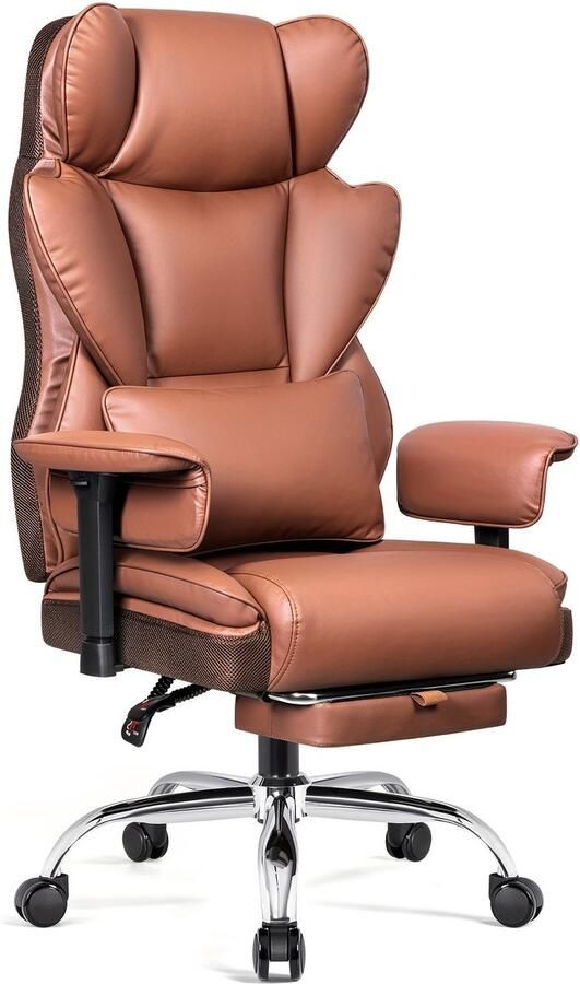 Corenia Bureaustoel – Kantoorstoel – Werkstoel – Bureaustoel Ergonomisch – Bruin – Verstelbare Hoogte – Inklapbare Voetensteun – PU Leer – Robuust Carbonstaal Frame