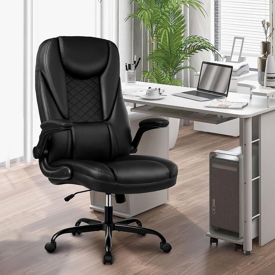 Corenia Bureaustoel – Office Chair – Executive Stoel – Werkstoel – Draaistoel – Ergonomische Hoge Rugleuning – Flip-Up Armleuningen – Kunstleren Bekleding – Verstelbare Kantelfunctie – Stevig Metalen Onderstel