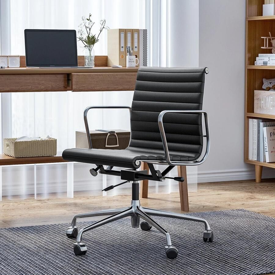 Corenia Bureaustoel – Werkstoel – Kantoorstoel – Ergonomische Stoel – Stoel Met Echt Leer – Aluminium Frame – S-vormige Rugleuning met Lage Rug