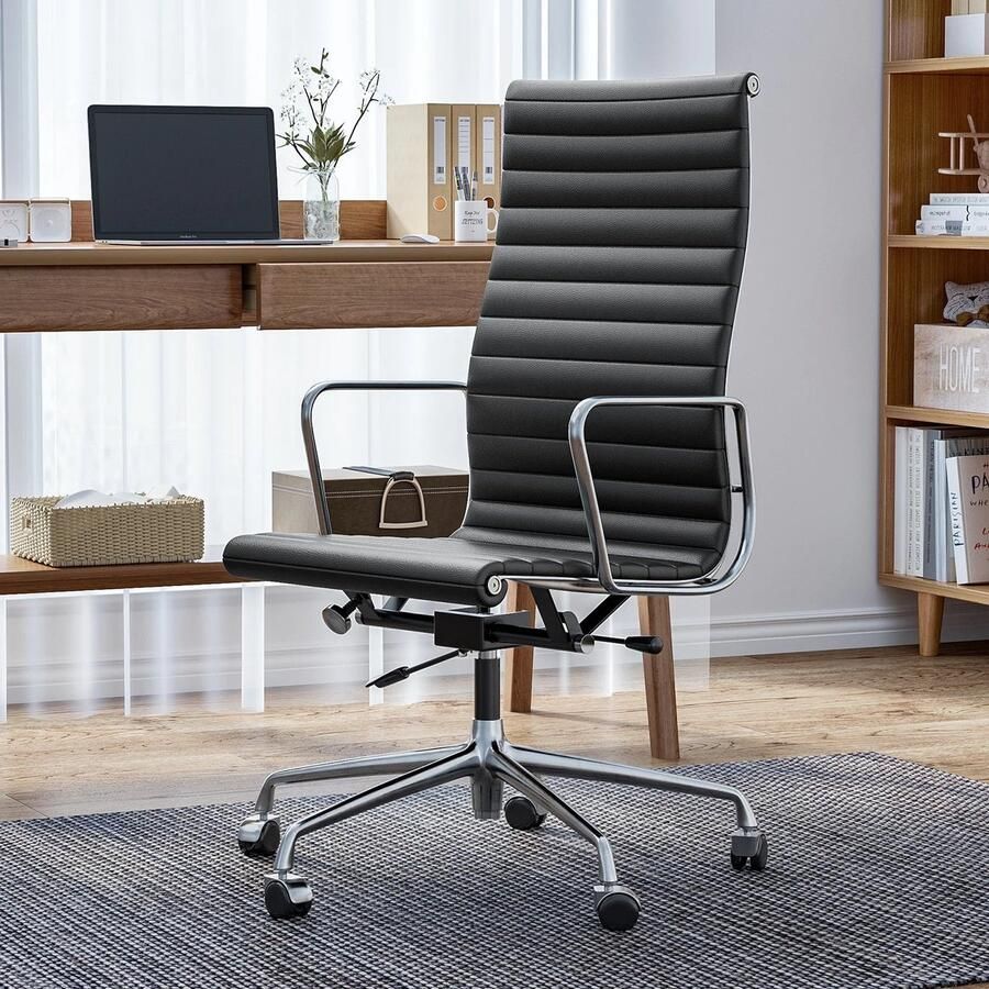 Corenia Bureaustoel – Werkstoel – Kantoorstoel – Ergonomische Stoel – Stoel Met Echt Leer – Aluminium Frame – S-vormige Rugleuning met Hoge Rug