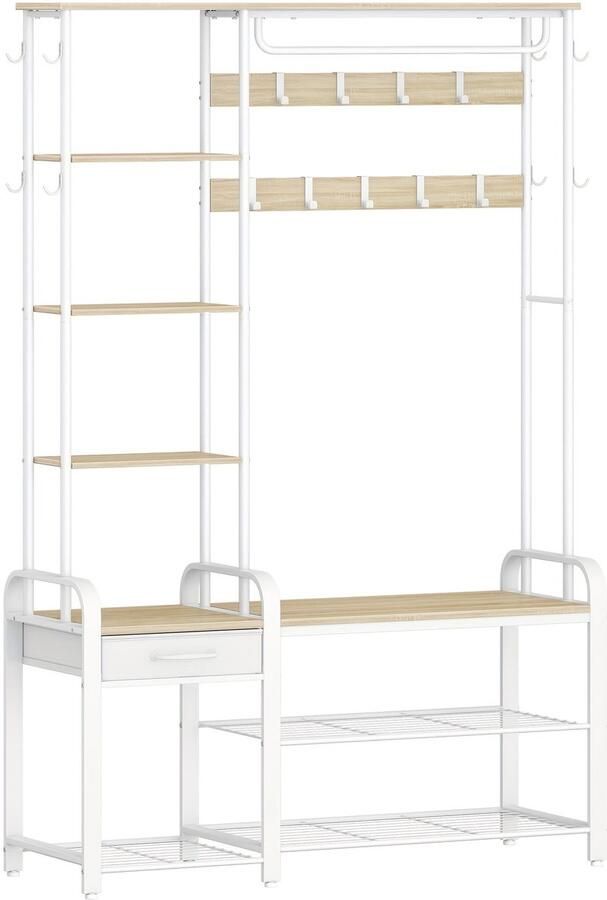 Corenia Coat Rack with Bench Wardrobe with 3-tier Shoe Bench And 1 Drawer 5-in-1 Clothes Rack with 17 Hooks 1 Hanging Rod 4-tier Side Shelves Golden Oak-white Black