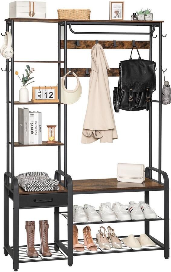 Corenia Coat Rack with Bench Wardrobe with 3-tier Shoe Bench And 1 Drawer 5-in-1 Clothes Rack with 17 Hooks 1 Hanging Rod 4-tier Side Shelves Golden Oak-white Black