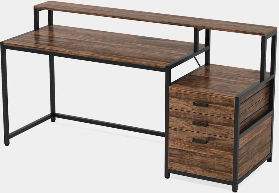 Corenia Computerbureau – Bureau – Werkplek – Bureau Met Opbergruimte – Ergonomisch – Berkenhout Met Metalen Frame – Verhoogde Monitorstandaard 160 x 50 x 90 cm Bruin