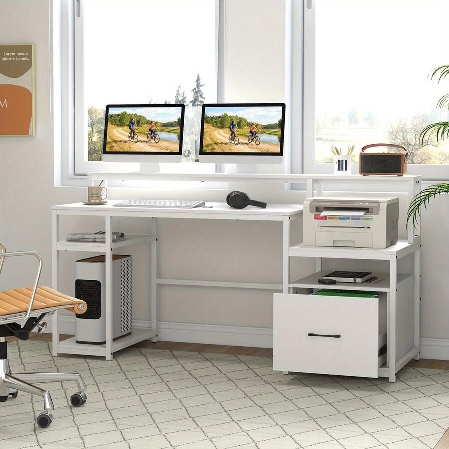 Corenia Computerbureau – Bureau – Werktafel – Bureau met Lade – Bureau met Printerkast – 168 cm Breed – Modern Wit MDF Met Monitorstandaard