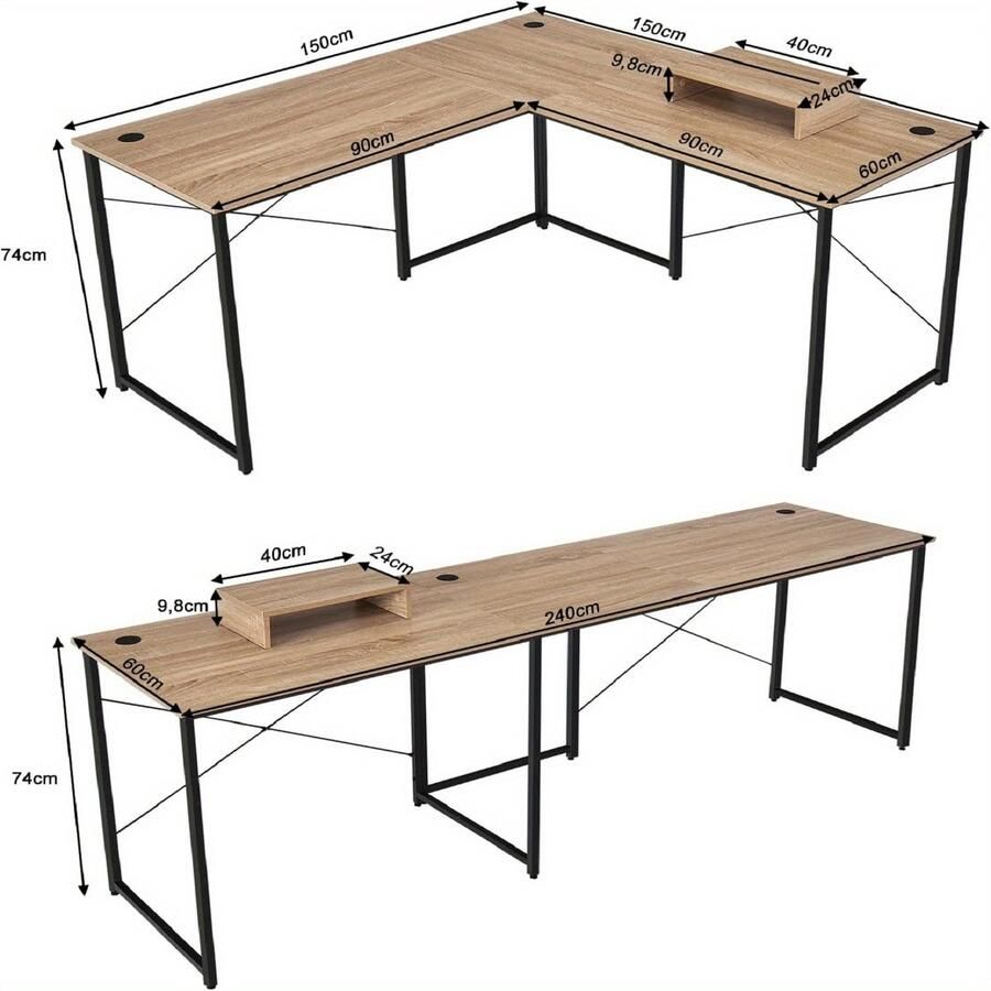 Corenia Computerbureau – Bureautafel – Computertafel – Bureaumeubel – Werkplek – L-vormig – Stevig Stalen Frame – 150x150x74 cm – Houtlook