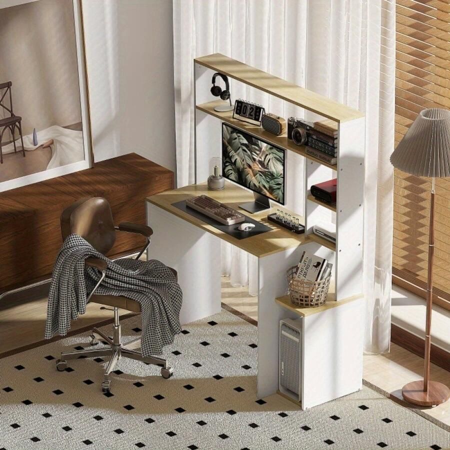 Corenia Computerbureau – Computertafel – Bureautafel – Werkplek – Computer Bureau – Met Boekenkast – Stalen Frame – 113 x 45 cm – Eikenkleur