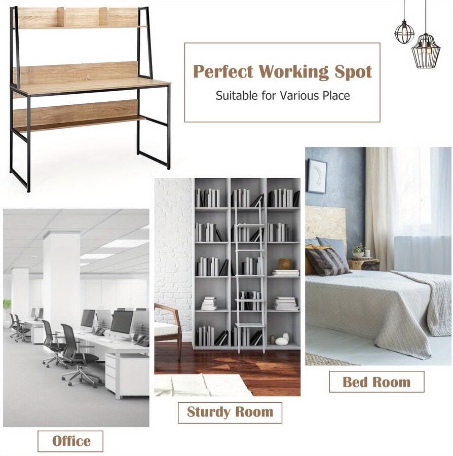 Corenia Computerschrijftafel – Bureaumeubel – Werkplek – Studietafel – Bureau met Boekenplank – Natuurlijk Houtlook – Stevige MDF en Metaal Constructie – Compact Formaat 120x57 cm